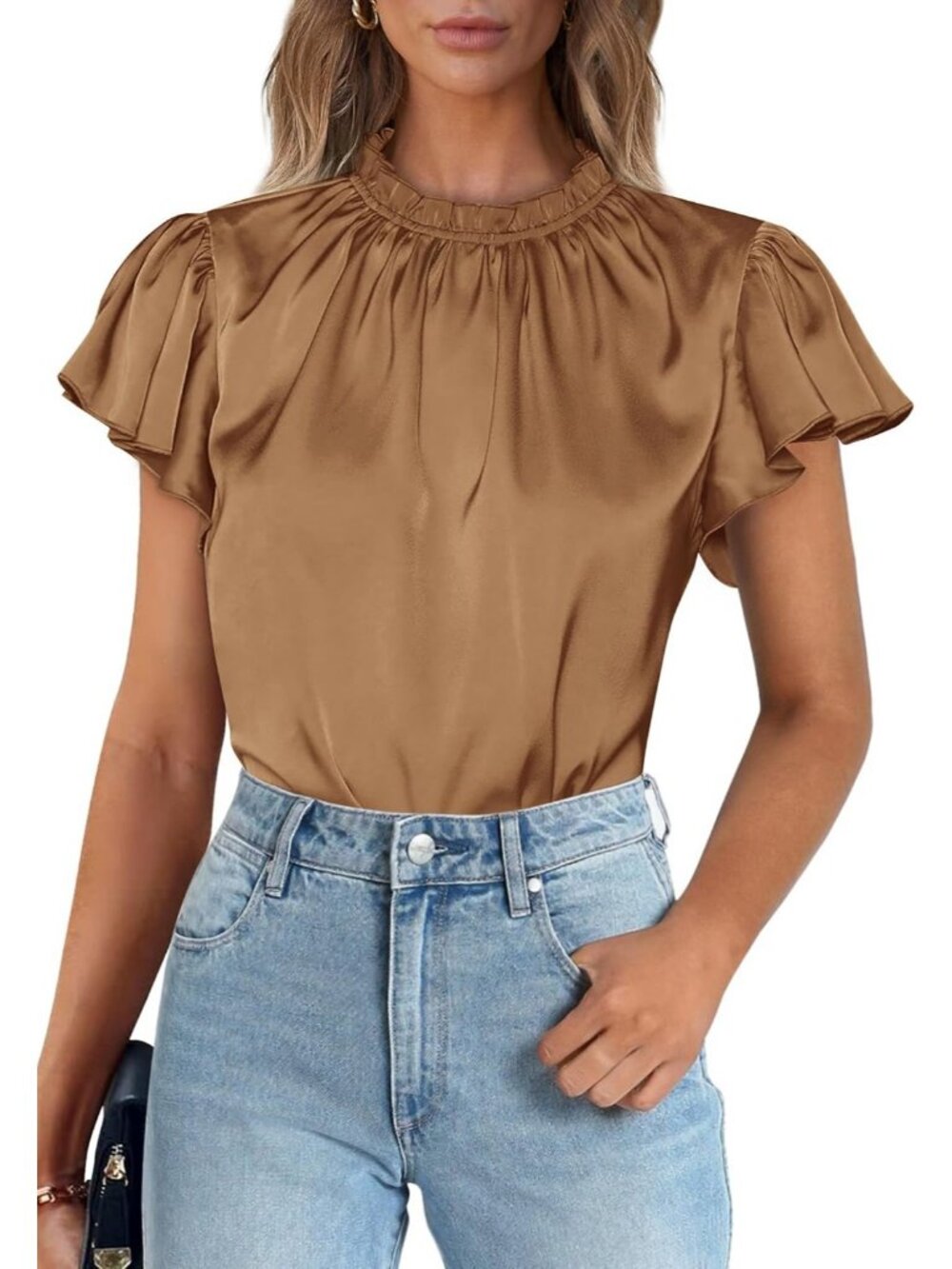 Women's Dark Khaki Satin Blouse Ruffled Neck Flutter Sleeve Office Work Silk Top